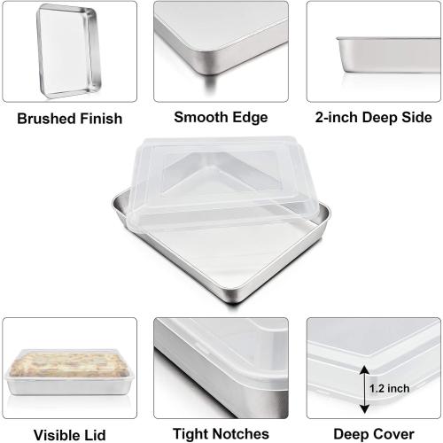 P&P CHEF Stainless Steel Baking Pan with Lid, Rectangular Cake Pans, Sheet Pan Bakeware for Baking Lasagna Brownies, 2-Inch Deep Side & Heavy Duty, Easy to Store & Clean (12.3, 4Pcs)