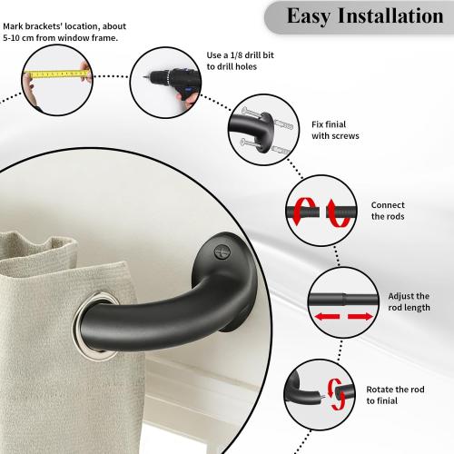 Wrap Around Black Curtain Rod for Windows 48-84 Inch, 1 Inch Heavy Duty Blackout Curtain Rod 34-95 Inches, Adjustable Curved Metal Drapery Rod, Matte Black