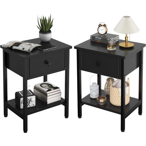Nightstands Set of 2 with Drawers, Bedside Table Set of 2 with Storage Shelf, Heavy Duty End Side Table for Living Room Bedroom Small Space Sofa Couch, Wood Metal Night Stand, Easy to Assemble, Black