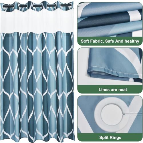 No Hook Aegean Blue Shower Curtain with Snap in Fabric Liner Set - Hotel Style with See Through Mesh Top Window, Modern Geometric Waterdrop Design,Waterproof and Washable, 71x74 INCH