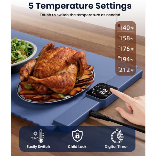 Food Warming Mat for Food, Electric Warming Tray with 5 Temp-Settings to Keep Food Warm at Party, Foldable Heating Pad for Food – Easy Storage, Silicone Food Warming Pad, Easy to Clean