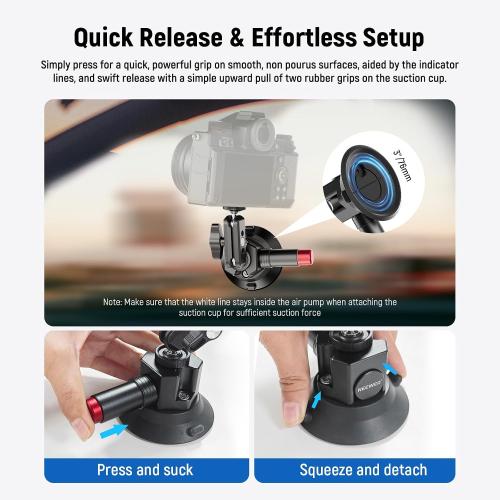 Neewer 3 Suction Cup Camera Mount Bracket with Ball Head Magic Arm, 1/4 ARRI Holes, Quick Release Car Mount with Phone Holder & Action Cam Adapter Compatible with iPhone DJI Insta360, CA104