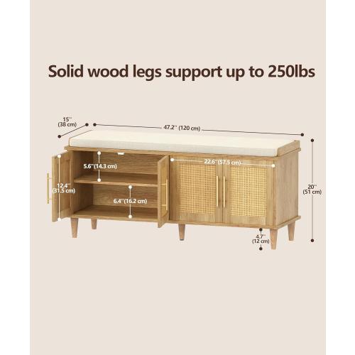 Akxomel Rattan Shoe Storage Bench with Cushion, 2-Tier Entryway Bench with Adjustable Shelves and 4 Doors, Solid Wood Legs, for Hallway, Living Room, Bedroom, Natural Oak *DAMAGED BOX*