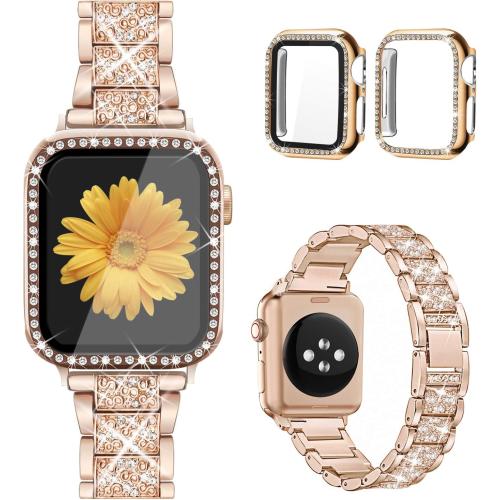 Mesime Compatible for Apple Watch Band with Screen Protector Case, Jewelry Replacement Bands 46mm 45mm 44mm 42mm 41mm 40 mm 38mm 2 Pack Protective Cover for iWatch Series 11/10/9/8/7/6/5/4/3/2/1/SE Women