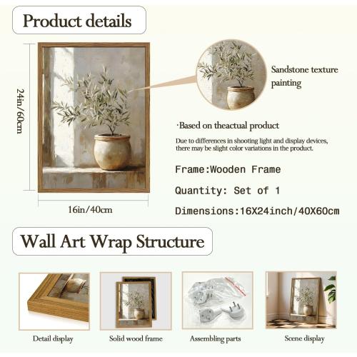 Framed Vintage Olive Tree Wall Art, Textured Sandstone Botanical Pictures Wall Decor, Rustic Neutral Potted Plant Paintings Prints Aesthetic Farmhouse Home Decor for Living Room Bedroom 16x24 inch