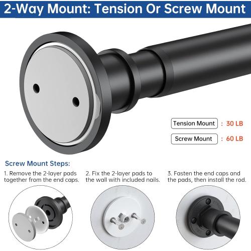 BRIOFOX Industrial Shower Curtain Rod - 2-in-1 Design Tension Curtain Rod - Never Rust Non-Slip 43 to 72 Inch Stainless Steel, Matte Black Window Curtain Rod