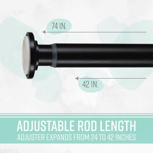 Home Details 42-74” Inch Tension Curtain Rod | Adjustable | Expandable | No Tools Required | Window Curtains | Bathroom Shower Curtains and Liner | Matte Black