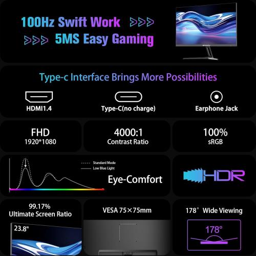 SANSUI Monitor 24 inch 100Hz USB Type-C Computer Monitor丨FHD 1080P PC Monitor丨HDMI丨FreeSync丨HDR丨Earphone Jack丨 Ergonomic Tilt for Home and Office