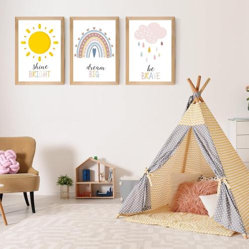 Set of 3 Framed Boho Nursery Wall Art Prints Decor,12x16”Rainbow Weather Wall Decor Inspirational Canvas Wall Art Prints Framed Nursery Children Artwork for Kids Playroom Bedroom Decoration
