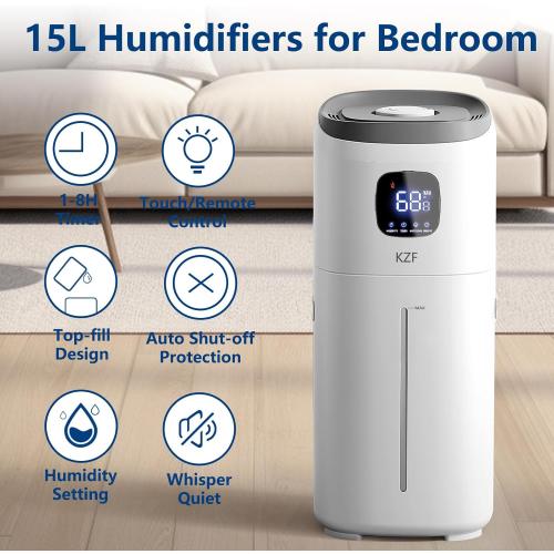 KZF 15L Humidifiers for Bedroom Large Room - 2000 Sq.ft Coverage, 72Hrs Runtime, Top Fill, 26dB Quiet, 3 Mist Levels & Diffuser, Auto Shut-Off, Ready for Baby Nursery and Plants