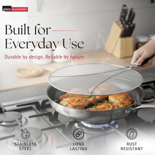 Amco 13 Splatter Screen with Foldable Handles - Stainless Steel Odor Absorber, Dishwasher Safe Versatile Kitchen Tool for Pans of All Sizes - Prevents Messy Splatters