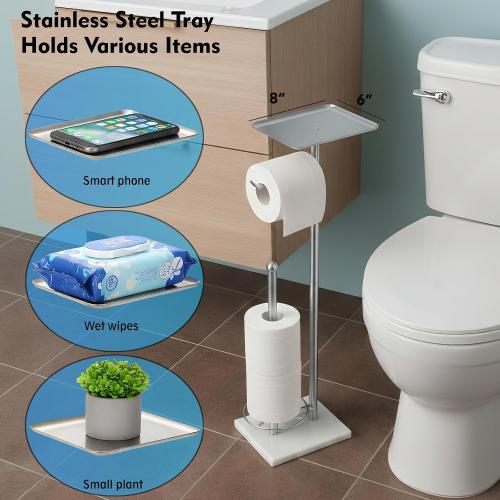 Toilet Paper Holder with Shelf, Free Standing Toilet Paper Holder with Storage - Toilet Paper Stand for Holding Extra 3 Rolls, Tissue Holder for Bathroom (Brushed Nickel with Marble Base)
