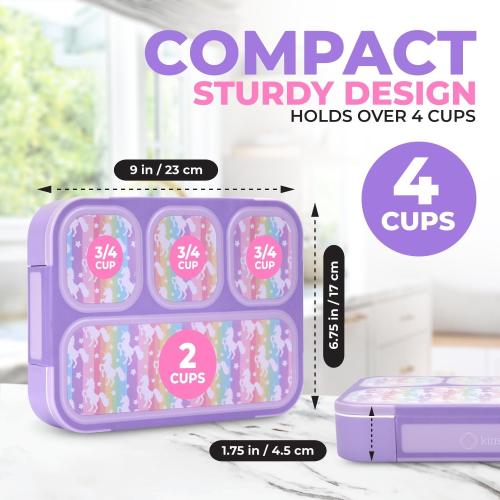 Bento Lunch Box with Insulated Bag, Ice Pack and Bento Accessories for Girls. Snack Containers with 4 Compartment Dividers for Toddlers Pre-School Daycare BPA Free Set, Utensils, Rainbow Unicorn