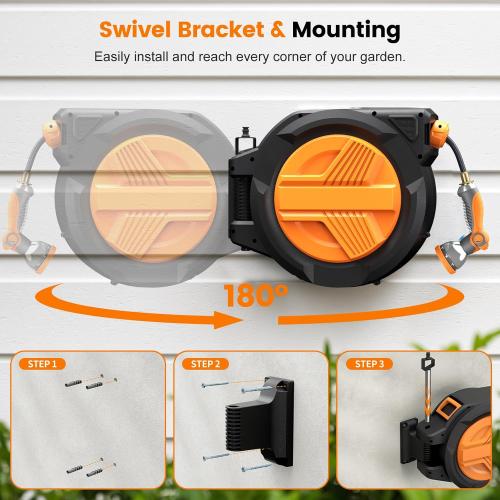 Size 1/2 x 100ft Color Orange Retractable Garden Hose Reel 1/2” x 100ft, Auto Rewind Hose Reels for Outside, Heavy-Duty Wall-Mounted Outdoor Hose, 10-Mode Nozzle, Adjustable Length, 180° Rotation for Watering, Car & Pet Washing