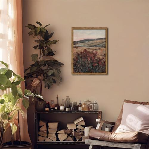 Framed 3D Textured Wall Art, Vintage Landscape Wall Decor Painting, Hand Drawn Sandstone Moody Dark Wildflower Pictures Artwork for Living Room Bedroom 16x24 inch Wood Frame