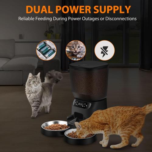 Automatic Cat Feeders for Two Cats, 5L/20 Cups Double Automatic Cat Food Dispenser with 2 Stainless Bowls, Timer Setting 20 Portions 6 Meals Per Day, 10s Meal Call (Black)