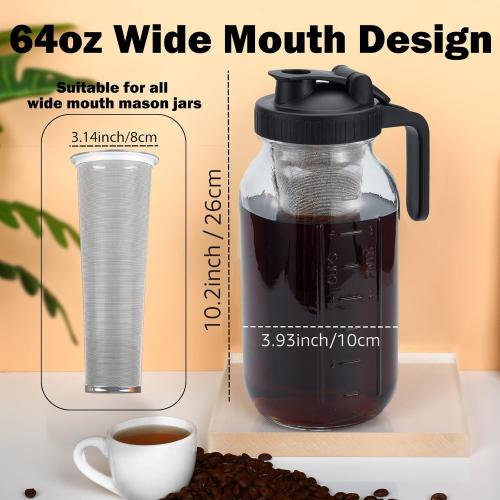 Clear 64oz Cold Brew Mason Coffee Maker - 64oz Iced Coffee Pitcher with Stainless Steel Mixing Spoon & Super Dense Filter 3 Steps Finish Cold Brew Coffee, Classic BPA Free Sturdy Mason jar Pitcher Easy to Clean