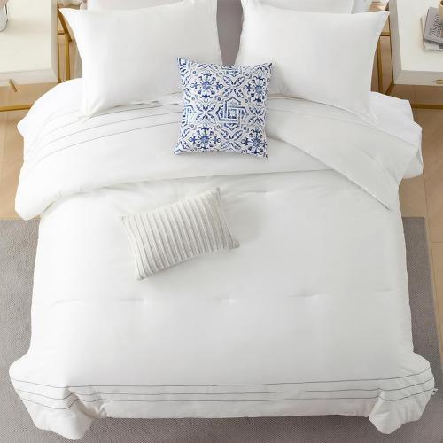 SahSahCasa Long-Staple Cotton Comforter Set King Size, Fluffy Bedding Set for King Bed, Embroidery Striped Lightweight Quilted Bed Set, 104 × 90, 3pcs, White