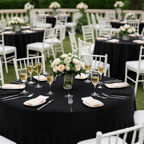 12 Pack 132inch Black Round Tablecloth, Circle Stretch Table Cloths for 6 FT Tables, Wrinkle Free Round Table Skirt for Wedding Birthday Photography Graduation Ceremonies Retirement Party Decorations