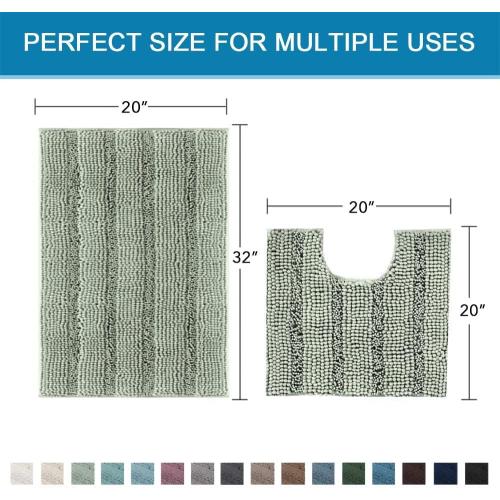 H.VERSAILTEX Bathroom Rugs Bath Rug Set 2 Piece Bathroom Contour Rug Toilet Mat Sets Non Slip Contour Bath Rug Ultra Thick Water Absorbent Striped Bath Mats Washable(20 x 32 Plus 20 x 20 U, Sage)