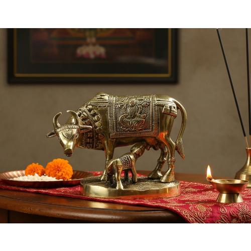 StonKraft Brass Kamdhenu Cow Calf Kamadhenu Idol Murti Statue (5.5 Inch)