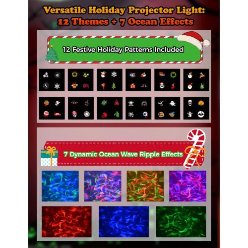 2025 Upgrade No Slides Christmas Projector Lights Outdoor, Holiday Projector Lights with 12 Dynamic Patterns & 7 LED Colors, Remote, Timer, IP65 Waterproof for Xmas Party Garden Yard Decor (Black)