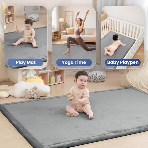 Huloo Sleep Baby Play Mat for Floor,1.3 Thick Memory foam Tummy Time Mat,Soft Coral Velvet Nursery Rug,Extra Large Non Slip Crawling Mats for Living Room(Dark Gray)