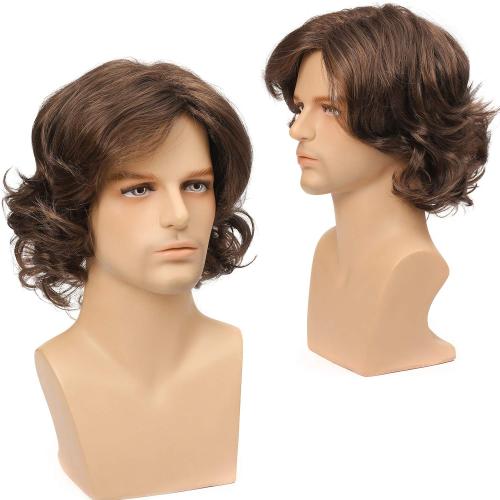 Mens Brown Wig Short Layered Curly Wavy Male Wig Synthetic Hair Wigs Heat Resistant Cosplay Halloween Party with Wig Cap