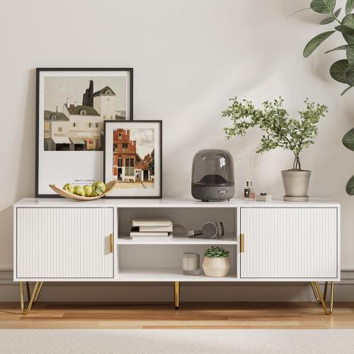 Apetaccat TV Stand for 55-65 Inch TV, Entertainment Center with Soft Hinge Door,TV Console Table with 2 Cabinets with Gold Handle and Feet,for Living Room, Bedroom, White