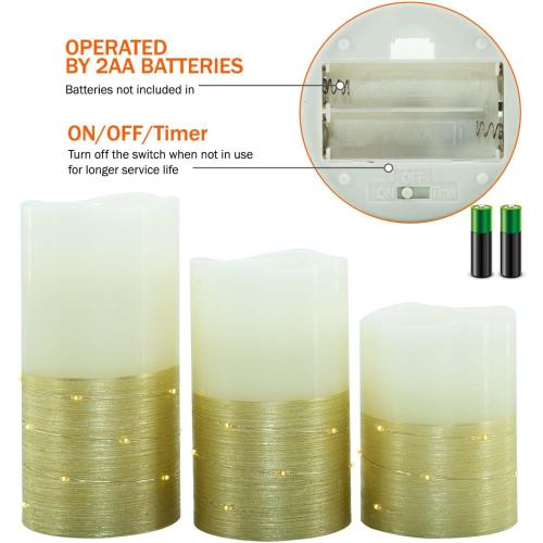 H-BLOSSOM Flickering Flameless Candles Ivory Real Wax Pillar with Embedded String Lights LED Candles Battery Operated with 10 Key Remote and Cycling 5H Timer Set of 3 (3 x 4/5/6) (Gold)