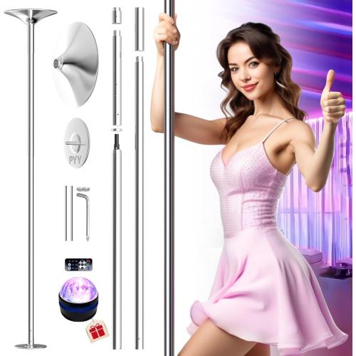 PYY Dance Pole for Home - Adjustable & Portable Dancing Pole for Gym Studio Pub, 45mm Chrome Finish, Spinning & Static Modes, Remote LED Lights, No Drilling Required, Fits 88-108 Ceilings