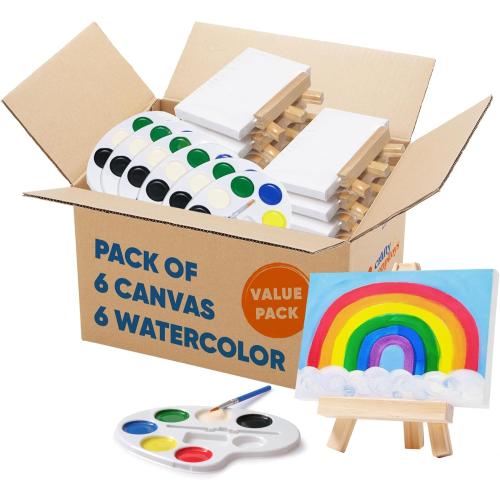 Set of 6 Mini Canvases 4x6 & Easel Set with Watercolors Paint - Party Favors for Kids 3 to 5 - Goody Bag Stuffers - Return Gifts for Kids Birthday - Small Canvases for Painting