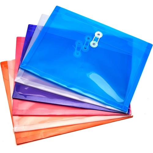 FANWU Plastic Letter Size Envelopes with Button & String Tie Closure, 1-1/6 Expansion, Side Load, Clear Poly Reusable File Folders Project Paper Documents Organizer for Office School & Home