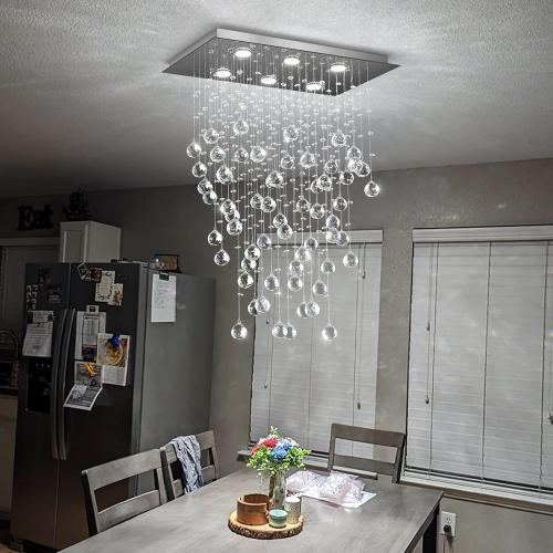 Glam Crystal Chandelier with Bulb Rain Drop Pendants Ceiling Light LED Lighting Rectangular Dining Room Light Fixture for Kitchen Island Dimmable LED Light