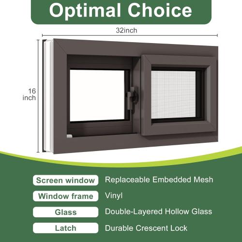 Vinyl Basement Slider Window,32 x 16 Basement Window,Removable Sliding Windows with Screen Windows，Featuring Double-Pane Insulated with Thermal Insulation Soundproof Glass（Brown）