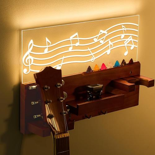 Light up Guitar Stand Wall Mount Wood Hanger Shelf with Pick Holder and 3 Hooks for Acoustic Electric Bass Ukulele Violin Guitar Gifts for Musicians Music Lovers Guitarist (Dark Color)
