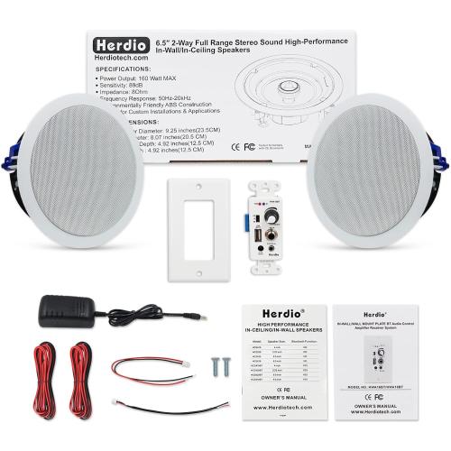 Herdio 6.5 Inch Bluetooth Ceiling Speakers 320W 2-Way Flush Mount in Wall Amplifier Receiver Suitable for Home Theater Bathroom Living Room Kitchen Office (White, Pair)