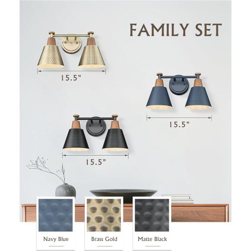 FEMILA 2 Light Bathroom Vanity Light Fixtures Over Mirror, Modern Brass Gold Bathroom Lighting Fixtures with Metal Shades, Woodgrain Finish, 4FG59B-2W BG-NW