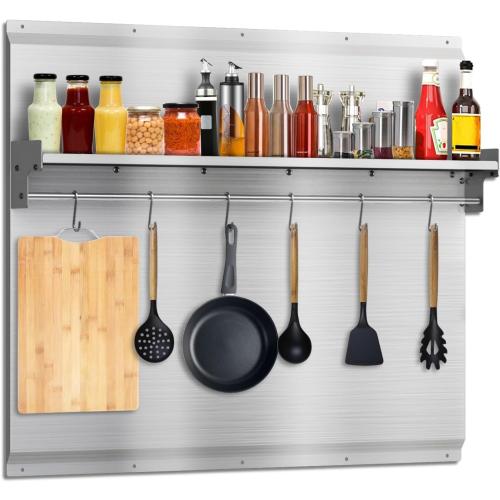Size 30x24 Stainless Steel Backsplash for Stove & Hood, Stove Backsplash with Storage Shelf & Hanging Rack, Easy-Clean Kitchen Wall Splash Guard & Protector