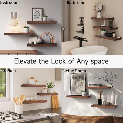 BAYKA Floating Shelves for Wall, Wall Mounted Rustic Wood Shelves for Bathroom, Bedroom, Living Room, Kitchen,Small Hanging Shelf for Books/Storage/Room Decor (Walnut-Like, Set of 3, 15.7in)