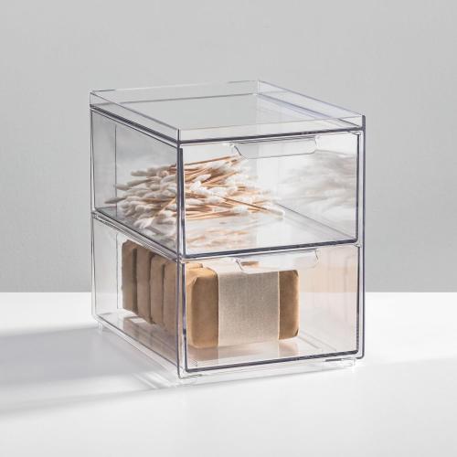 mDesign Stackable Storage Containers Box with 2 Pull-Out Drawers - Stacking Plastic Drawer Bins for Master or Guest Bathroom, Linen Closet, Vanity, Makeup Table Lumiere Collection 4 Pack, Clear