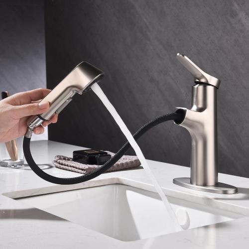 Bathroom Sink Faucet with Pull Down Sprayer, Single Handle Faucet Fits 1 or 3 Hole Installation, 4 Deck Plate Dual Spray Mode Vessel Sink Faucet Brushed Nickel
