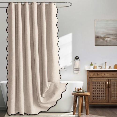 MIULEE Beige 84 Long Scalloped Shower Curtain Linen Textured with 12 Metal Hooks Cute Extra Long Heavy Duty Washable Waterproof Cloth Shower Curtains with Black Border for Bathroom Hotel Bathtub