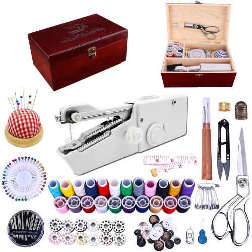Handheld Sewing Machine, with Elegant Wooden Sewing Box and 153-Piece Sewing Kit, Mini Portable Cordless Hand held Sewing Machine, Perfect for Adults, Beginners, and Quick Home Repairs
