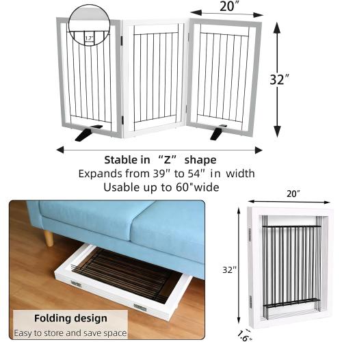 ZJSF Freestanding Dog Gate Indoor, Foldable Dog Fence for Doorways,Hallways or Stairs, Sturdy Wood Extra Wide Pet Gate with Support Feet,White,32 Height-3 Panels