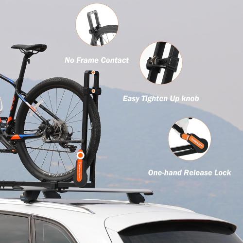 TOOENJOY Rooftop Bike Rack for Car SUV, Upright Roof Mount Bicycle Rack with 2 Arms for Movable Crossbar, 1 Bike Carrier
