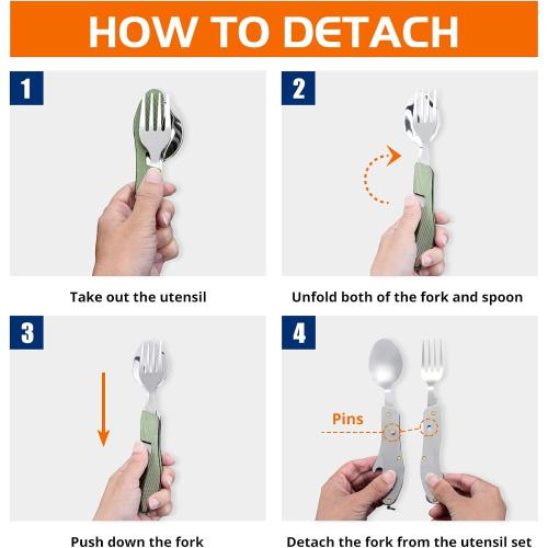 HIKENTURE Camping Utensils 2 Pack, 4-In-1 Stainless Steel Spoon Fork Knife Set Backpacking Travel Cutlery Metal Multitool Boy Scout(Green 2pack)