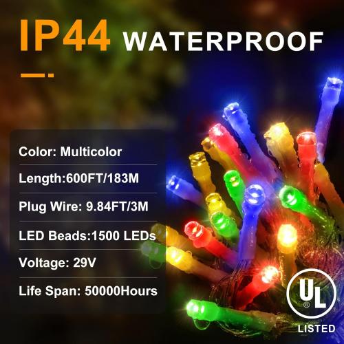 KNONEW 600ft 1500 LED String Lights Outdoor Christmas Lights 8 Modes & Timer Fairy Light Plug in Waterproof LED String Lights for Xmas Yard Tree Wedding Party Holiday Decorations (Multicolor)