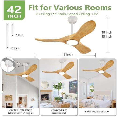 42-Inch Natural Wood Ceiling Fan with Lights, Remote Control, Dimmable, Reversible, Wood Blades, Power-Off Memory, Quiet DC Motor – Modern outdoor Ceiling Fan for Living Room, Bedroom, Patio