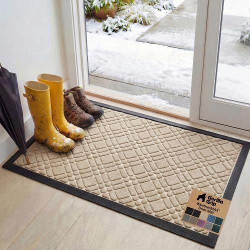 GORILLA GRIP 100% Waterproof All-Season WeatherMAX Doormat, 47x35, US Designed Natural Rubber, Stain and Fade Resistant, Low Profile Indoor Outdoor Door Mats, Easy Clean Patio Mat, Modern Latte